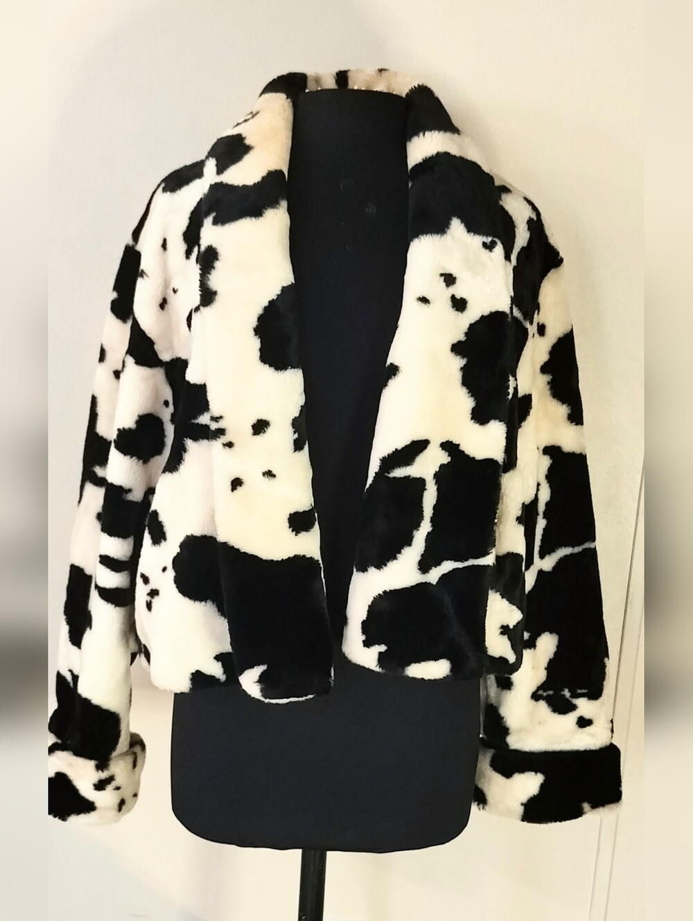 Faux Fur Cow-Print Teddy Jacket in Black & White